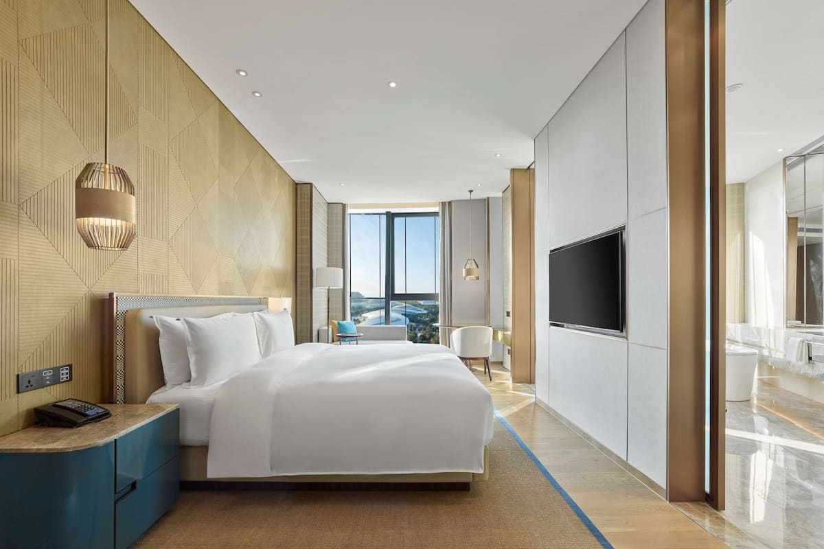 Una habitación de hotel moderna con una cama grande, televisión y vistas a la ciudad.