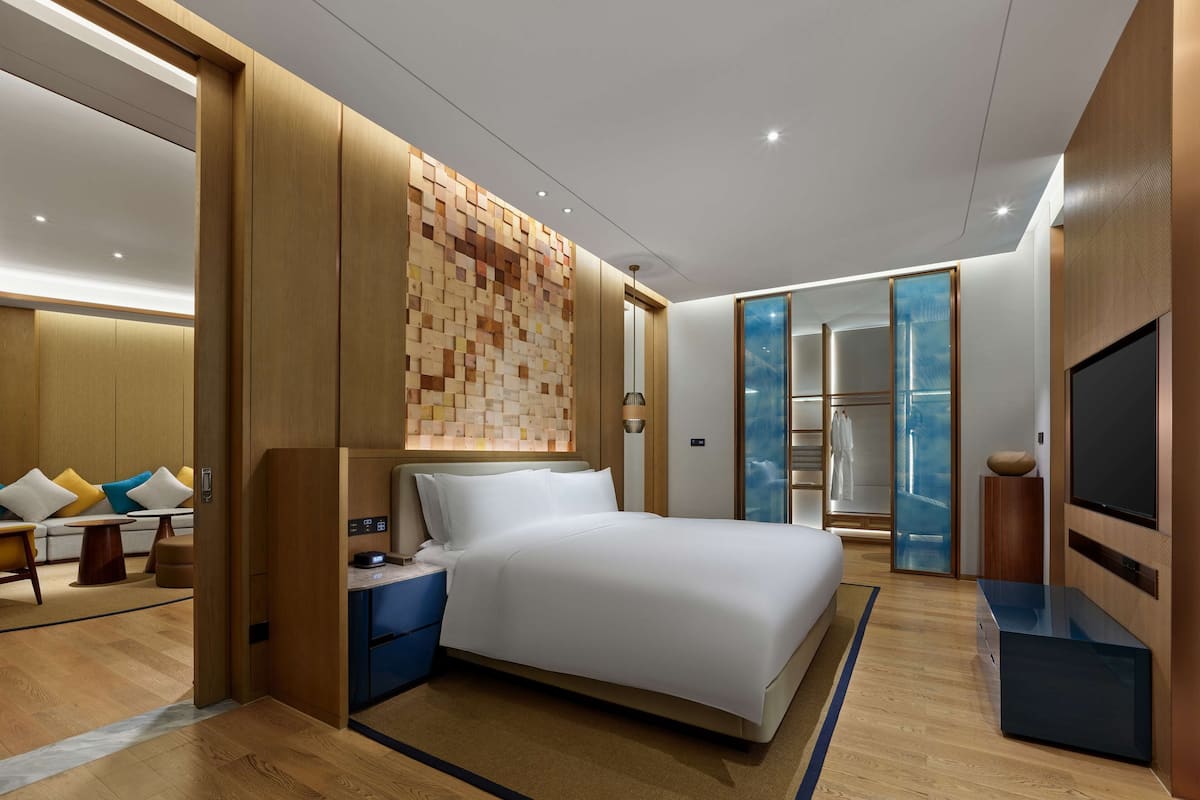 Una habitación de hotel moderna con una cama grande, una mesita de noche, un televisor y un armario.