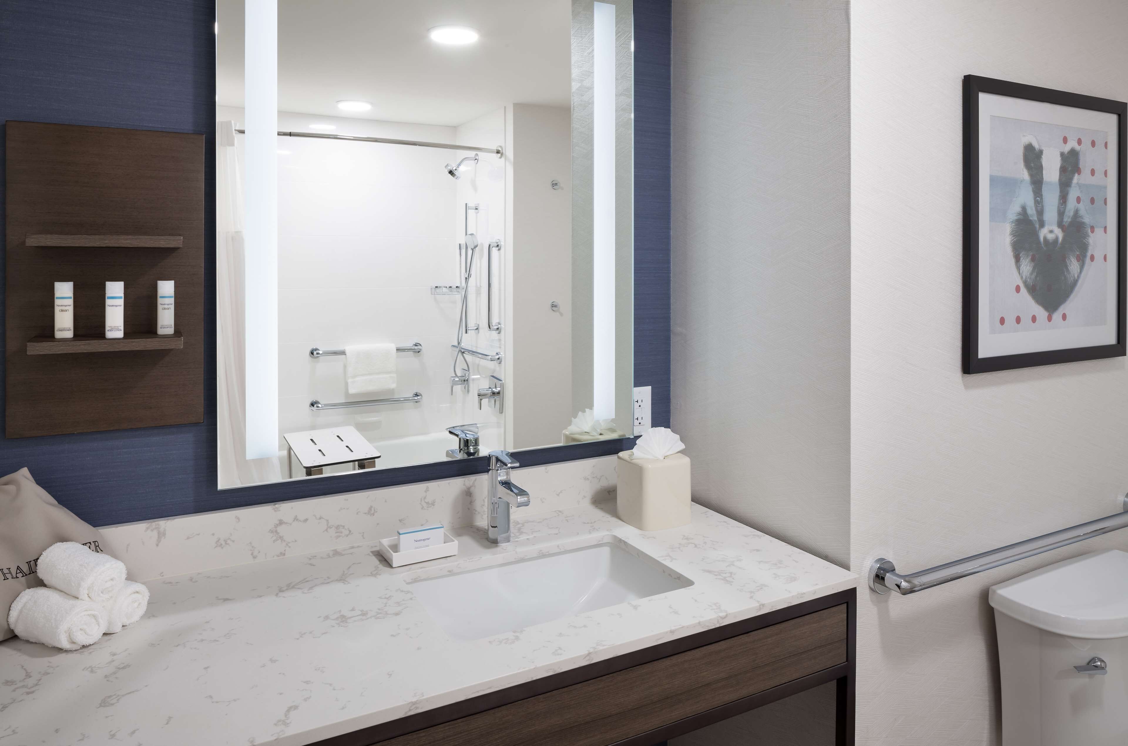 hair dryer, towels, soap, shampoo