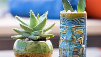 A small potted succulent and a tall vase with a face design on a wooden table.