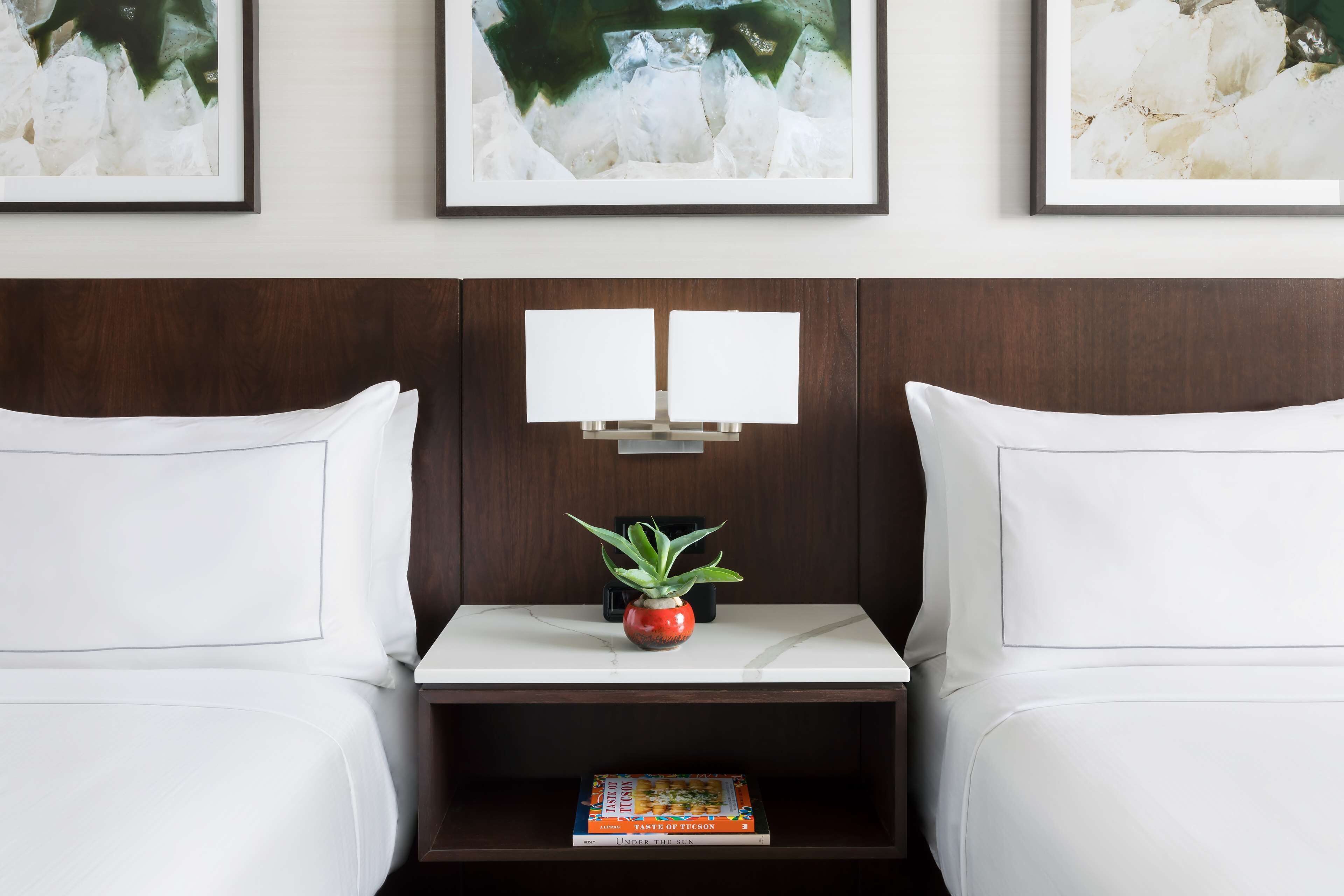 Habitación de hotel con dos camas, una mesita de noche con planta en maceta, un libro y cuadros en la pared.
