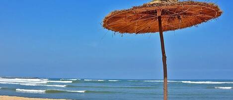Un parasol de plage sur une plage de sable, avec l’océan en arrière-plan.