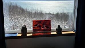 A room with a window overlooking a snowy landscape and a lake. - Upper Moose Caboose (Homer)