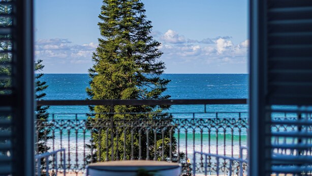 A balcony with a view of the ocean and a tall coniferous tree. - Coogee Bay Hotel (Coogee)