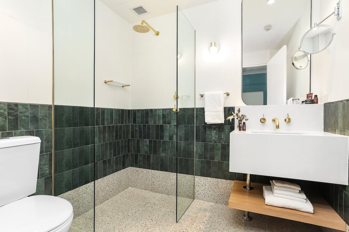 bay signature, 1 king bed | bathroom | shower, rainfall showerhead, hair dryer, towels