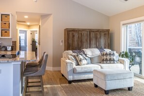 Smart TV, fireplace, books