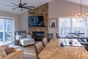 Smart TV, fireplace, books