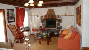 Una sala acogedora con chimenea, muebles de madera y una hamaca.