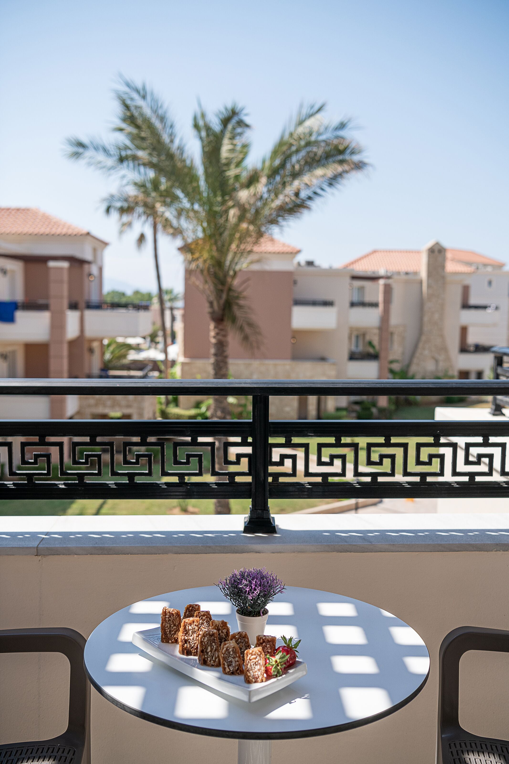 A balcony with a table set for breakfast, overlooking a residential area with palm trees and buildings.