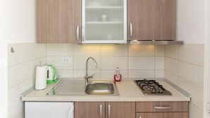 A compact kitchen with wooden cabinets, a stainless steel sink, a kettle, and a gas stove. - Apartments Stipo (Janjina)