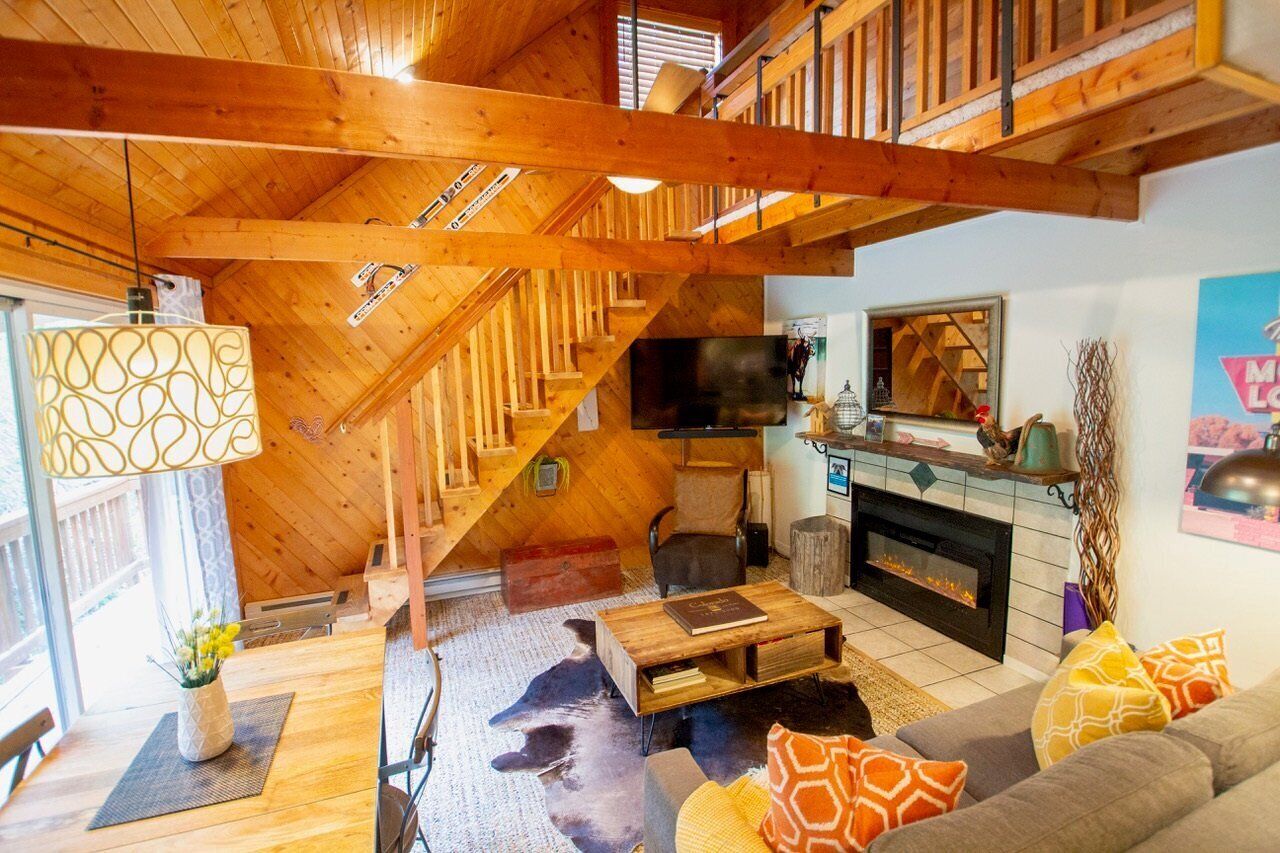 Smart TV, fireplace, books, stereo