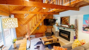 Smart TV, fireplace, books, stereo