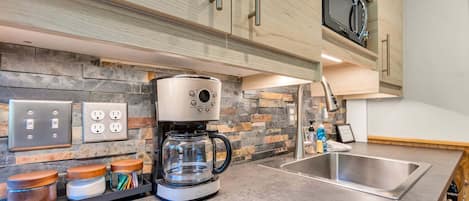 Fridge, microwave, coffee/tea maker, toaster