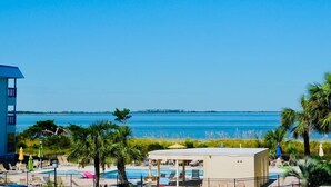 Un hotel sulla spiaggia con piscina, palme e vista sull'oceano.