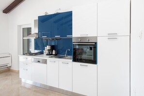 A modern kitchen with white cabinets, a blue backsplash, and stainless steel appliances. - Villa Dea (Vučevica)