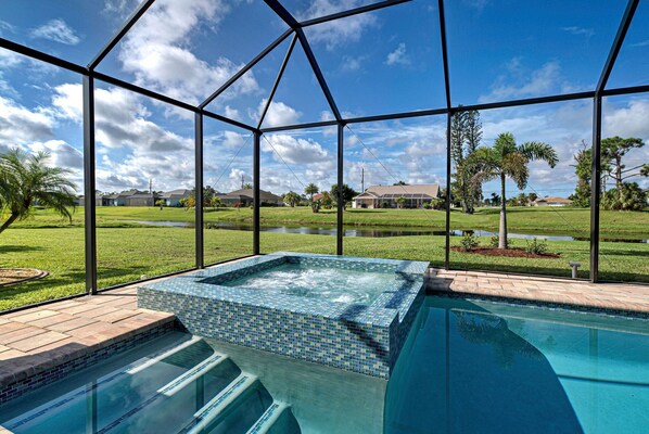 A heated pool, pool loungers