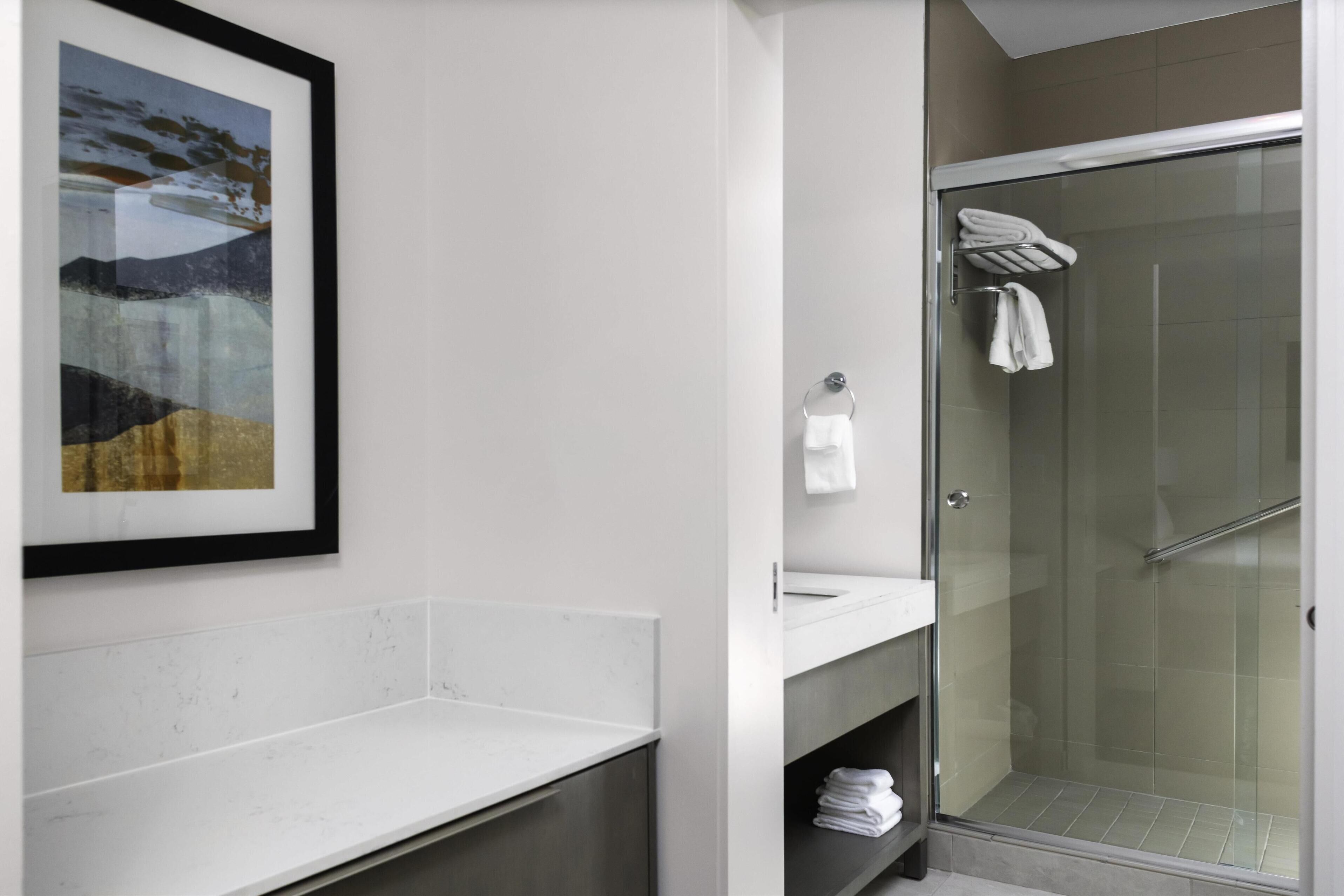 shower, free toiletries, hair dryer, towels