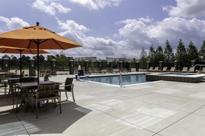 Outdoor pool, pool umbrellas, pool loungers