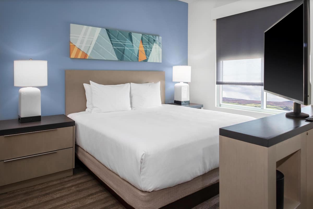 Habitación de hotel con una cama grande, dos mesitas de noche con lámparas, un televisor de pantalla plana y una ventana con vistas.