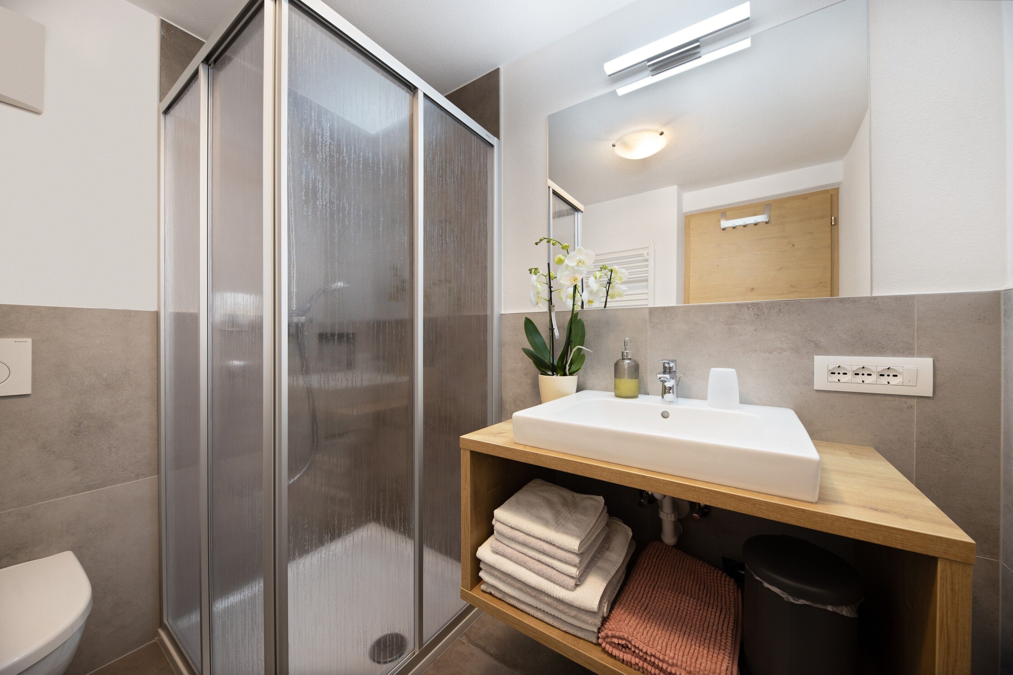 Shower, hair dryer, towels