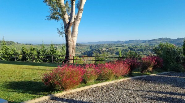 Paisaje rural con un camino de grava, una cerca de madera y vistas a colinas onduladas y árboles.