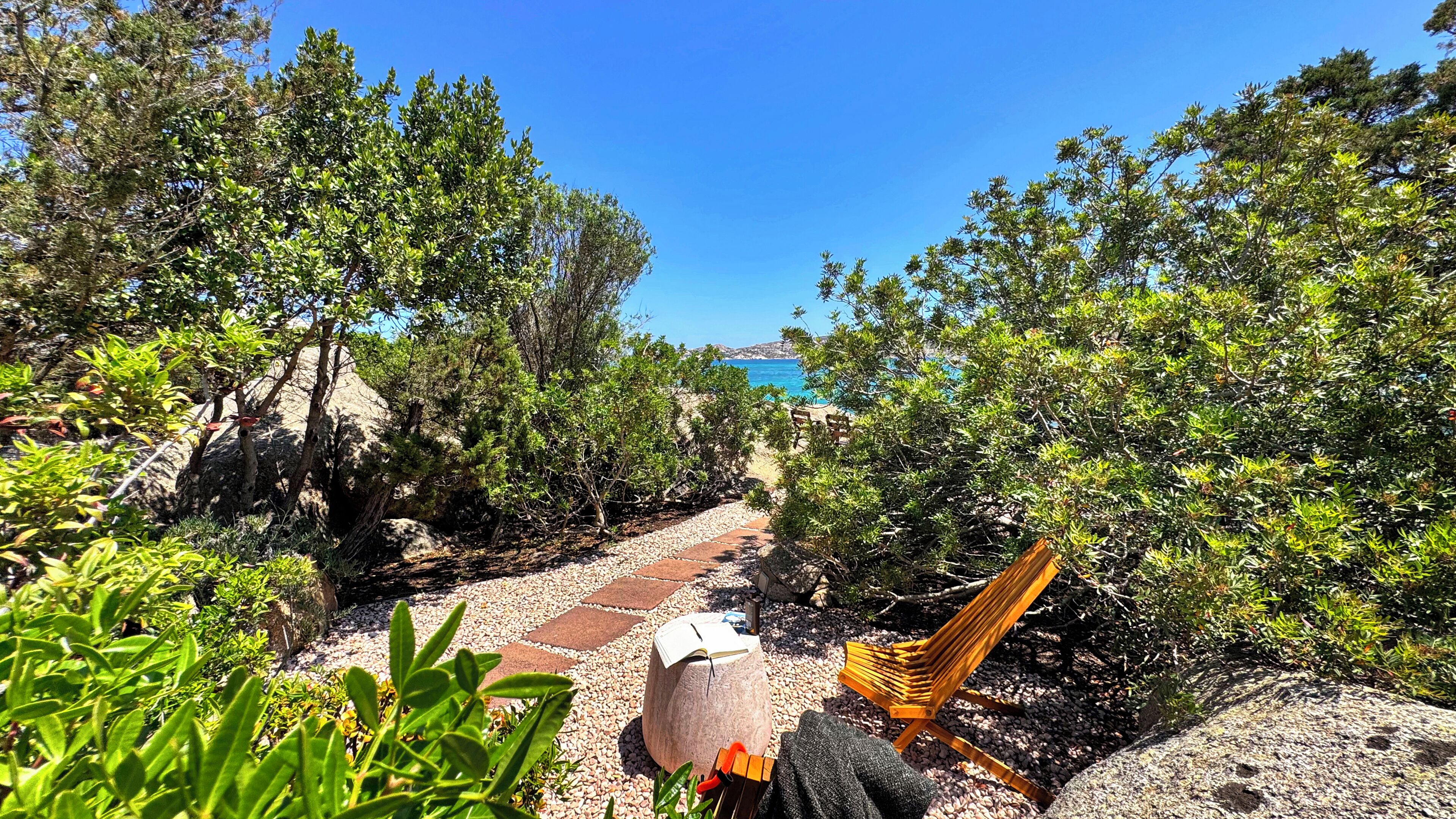 A pathway leading to a beach with a chair and a book, surrounded by greenery.