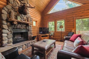 TV, fireplace - 4 BR Mountain Cabin | Private Hot Tub | Ski-in/Ski-out | Sleeps 13 Guests! (Boyne Falls)