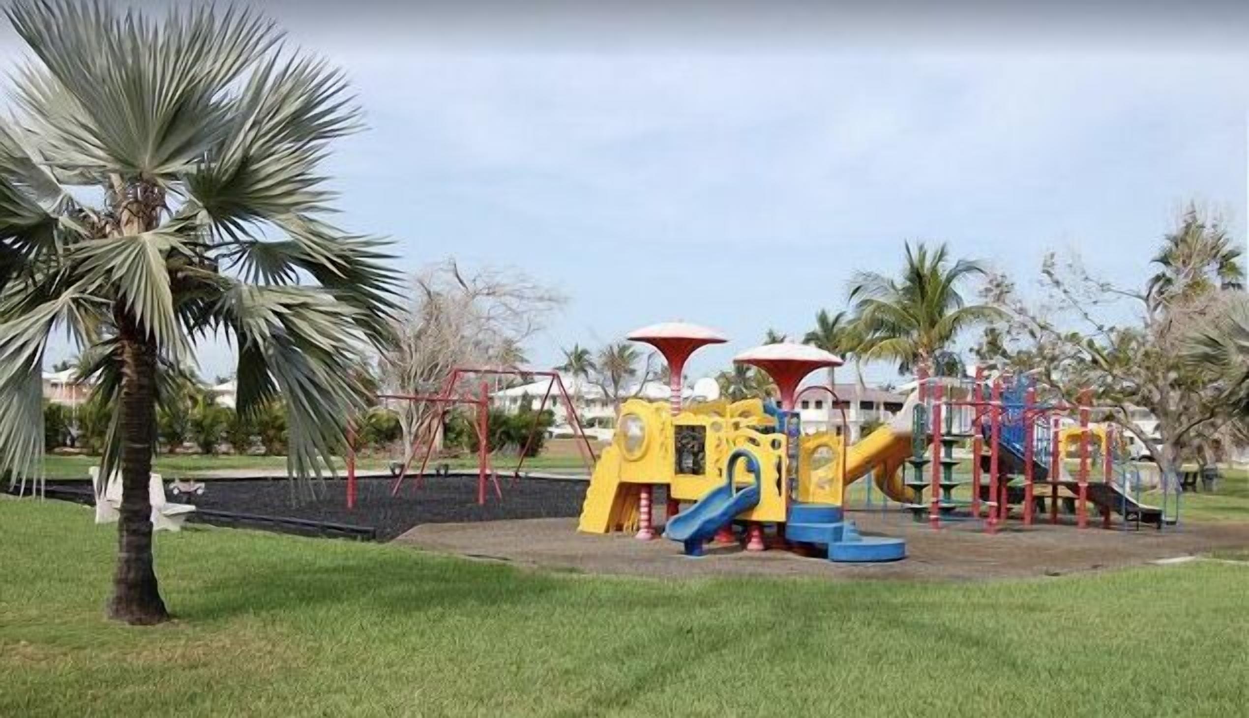 A playground with slides and climbing structures, surrounded by palm trees and grass.