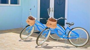 Un vélo bleu avec des paniers en osier, garé devant un immeuble avec une porte et des fenêtres.