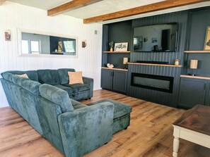 Smart TV, fireplace, books