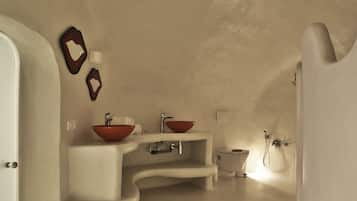 Shower, jetted tub, hair dryer, bidet