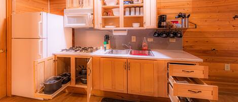 Fridge, microwave, stovetop, coffee/tea maker