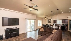 Smart TV, fireplace, video games, DVD player