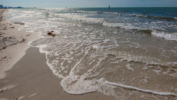 Una playa con olas, cielo despejado y estelas de condensación.