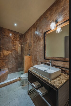 Deluxe-Zimmer | Badezimmer | Dusche, Handtücher, Seife, Shampoo