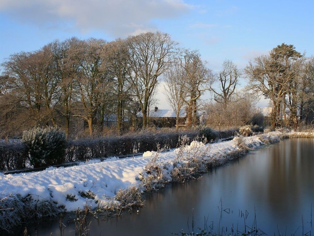 Winter scene over mill pond.