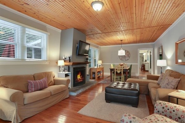 Televisión, chimenea y reproductor de DVD 