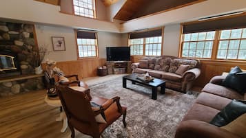 Smart TV, fireplace, books