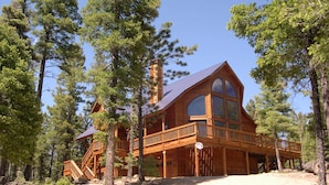 A log cabin with a large front porch, multiple windows, and a steeply pitched roof surrounded by trees. - Views | Hot Tub | Fireplace | Scenic Serenity (Angel Fire)