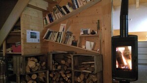 A cozy room with a wood-burning stove, bookshelves, and stacked firewood.