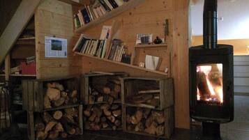A cozy room with a wood-burning stove, bookshelves, and stacked firewood.