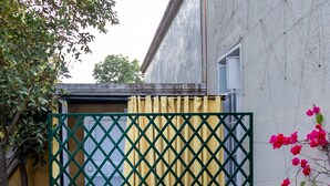 Puutarha-alue, jossa on ruukuissa olevia kasveja ja vihreä säleaita.