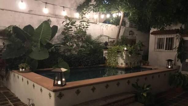 Un petit espace piscine clos, accessible par quelques marches, entouré de différents pots de plantes et illuminé par une guirlande lumineuse.