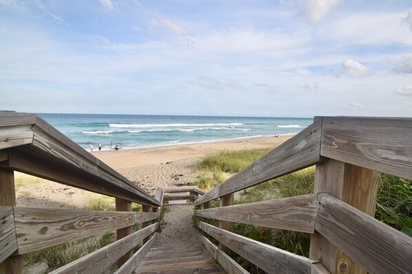 On the beach, sun-loungers, beach towels