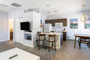 Fridge, microwave, dishwasher, coffee/tea maker