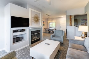 TV, fireplace, DVD player, stereo