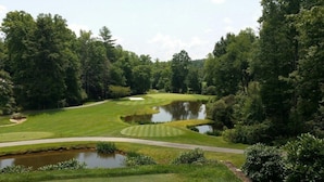 Un parcours de golf avec des étangs, entouré d’une forêt dense.