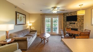 TV, fireplace, video games, DVD player