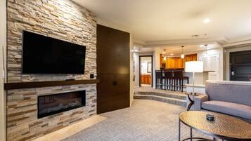 TV, fireplace, video games, DVD player