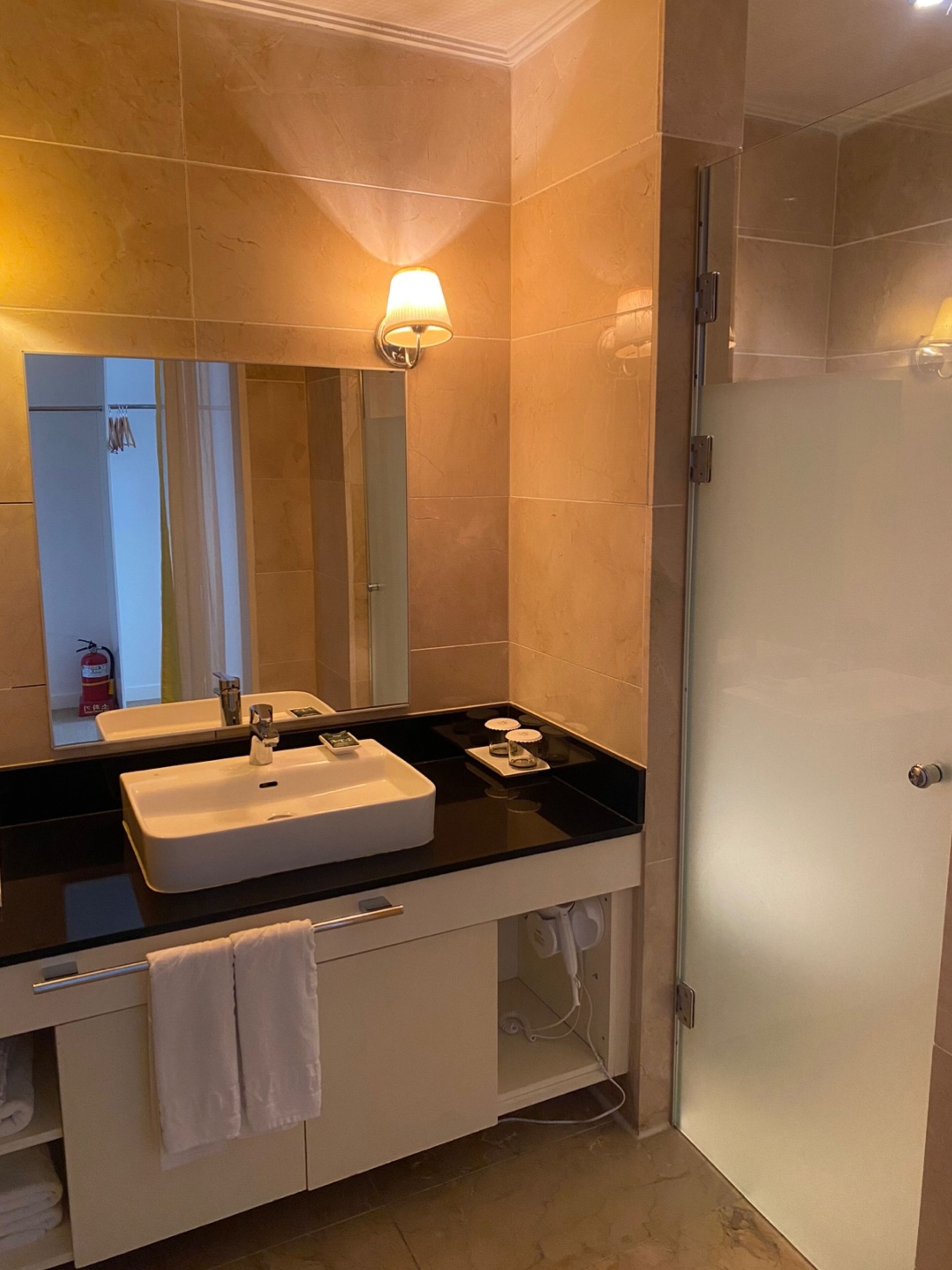 A modern bathroom with a large mirror, a white sink, a black countertop, and a glass-enclosed shower.